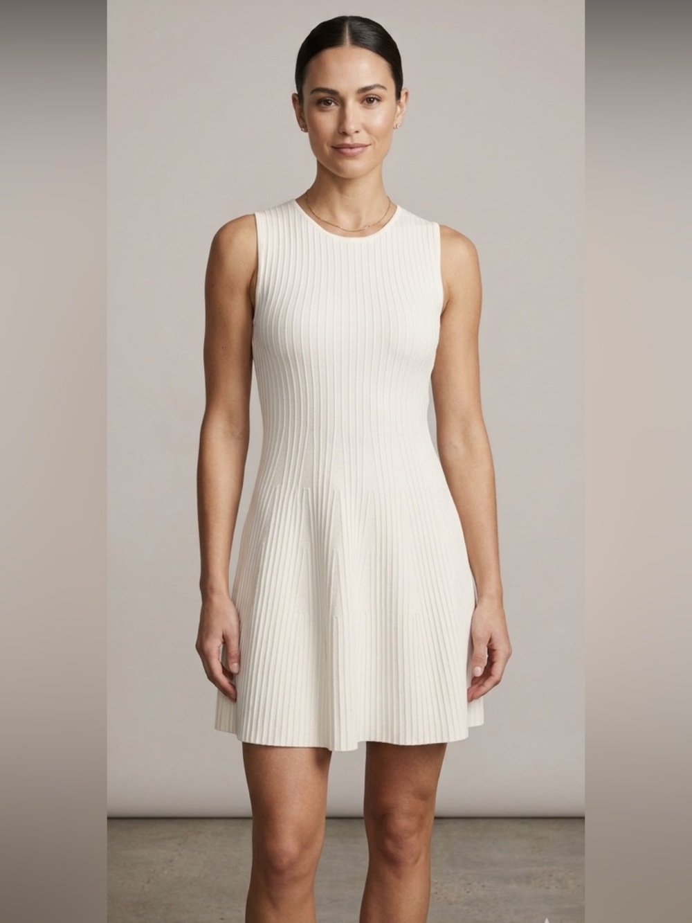 New Milly Minis Ribbed Knit Fit Flare Stretch Sleeveless Girl Dress Ivory Sz 14